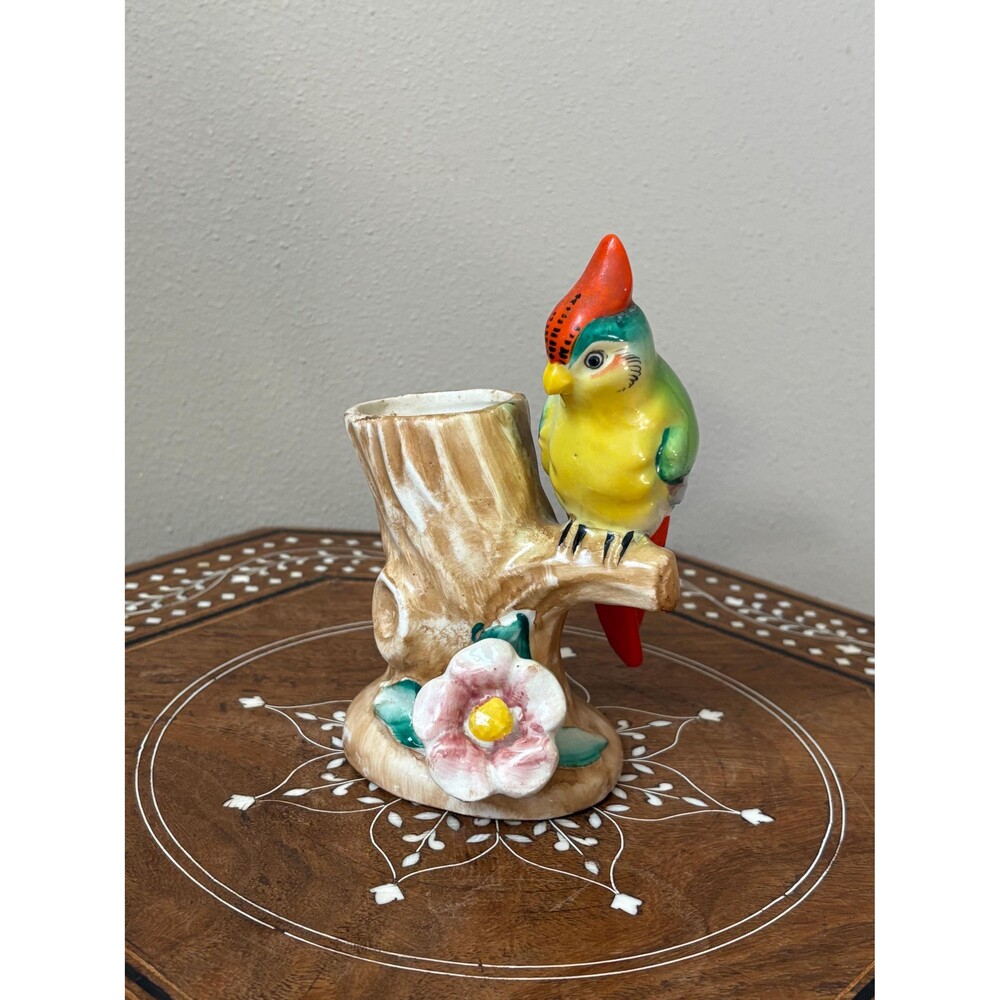 Vintage Torii Brand Bud Vase Planter Parrot Bird On Branch Japan